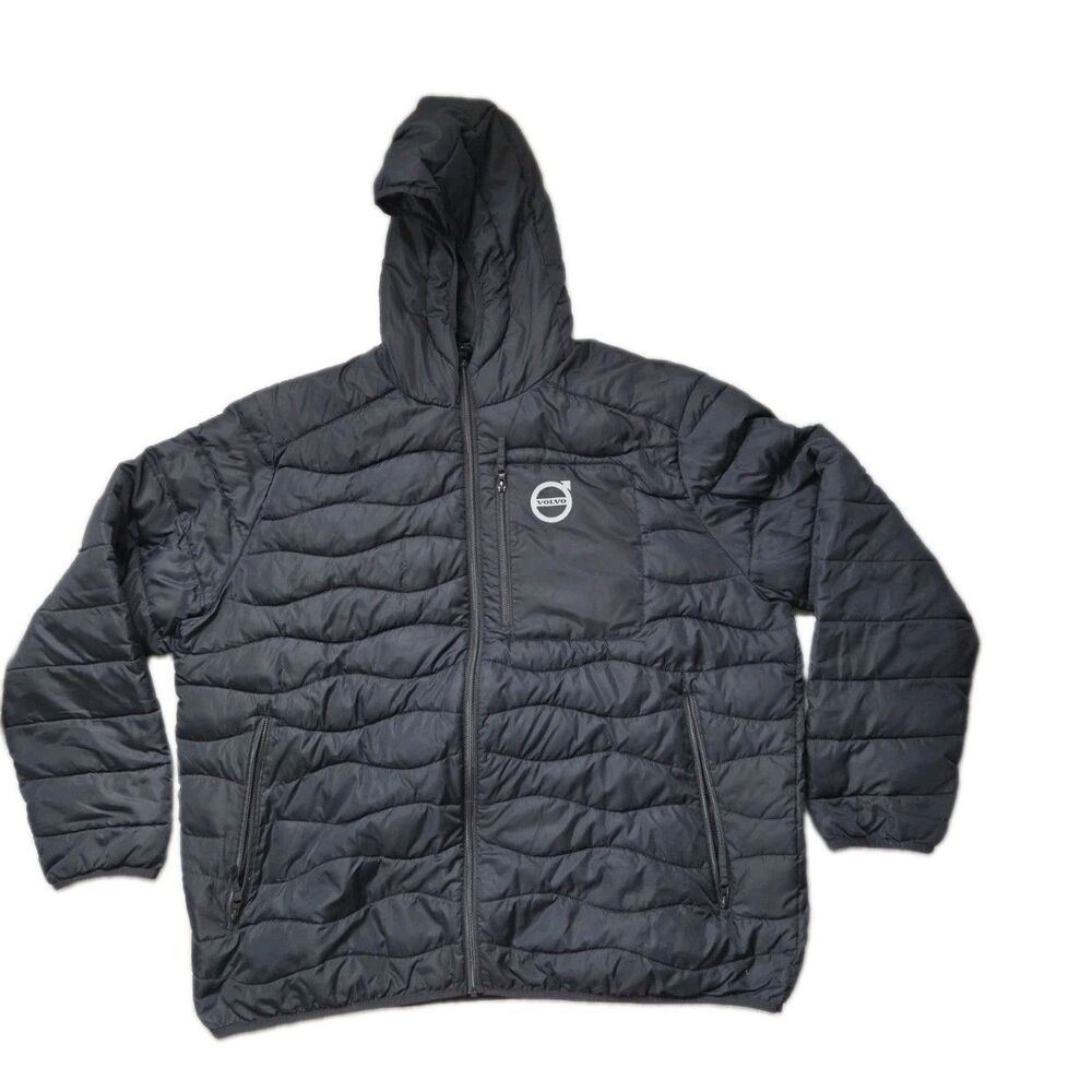 Volvo Men's 4XL Black Hooded Puffer Jacket Quilted Full Zip Lightweight Coat EUC